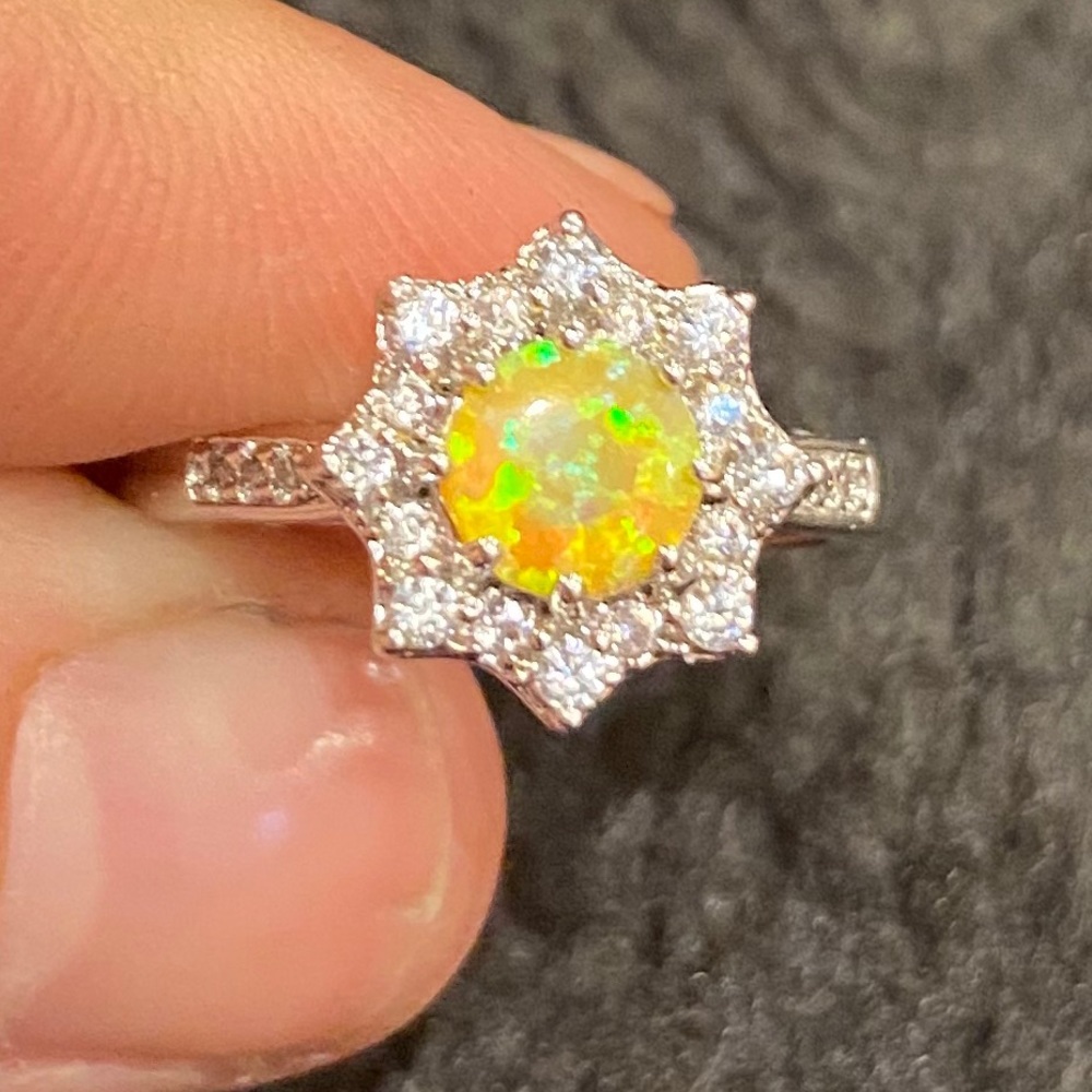 Yellow opal gemstone Cz crystal flower ring